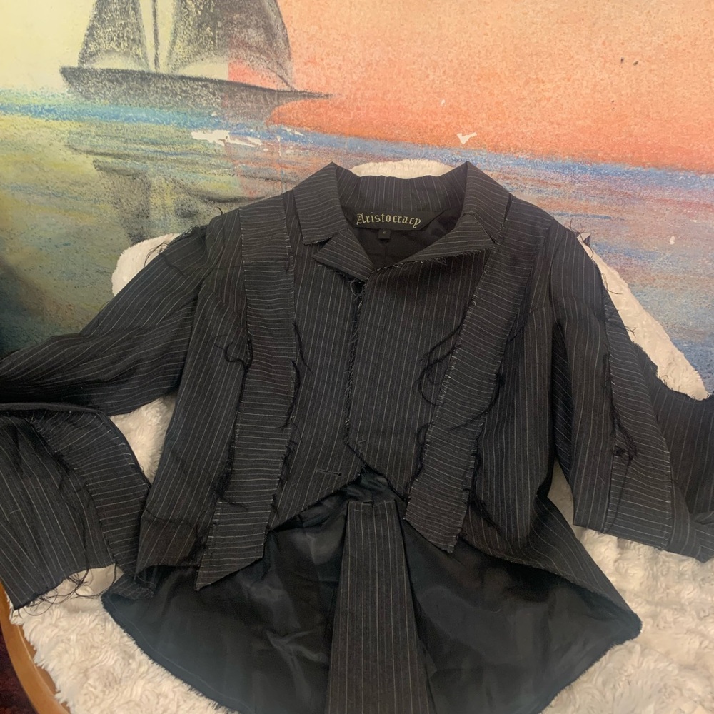 “Aristocracy" pinstripe blazer w/ gold cross design on back ,1 button closure - Picture 4 of 15